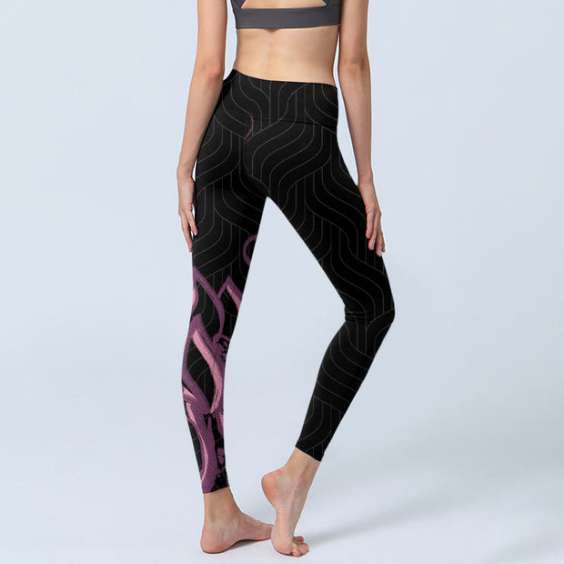 Buddha Stones Black Pink Lotus Flower Print Gym Leggings Women's Yoga Pants - image 5