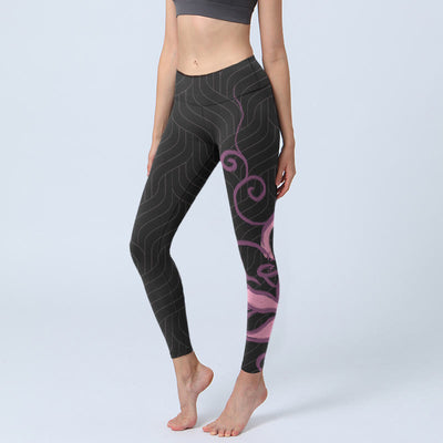 Buddha Stones Black Pink Lotus Flower Print Gym Leggings Women's Yoga Pants - Black - US18，UK/AU22，EU50 (4XL) - image 1
