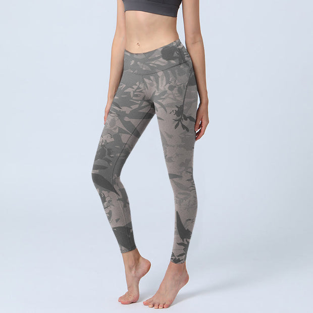 Buddha Stones Gray Leaves Print Gym Leggings Women's Yoga Pants