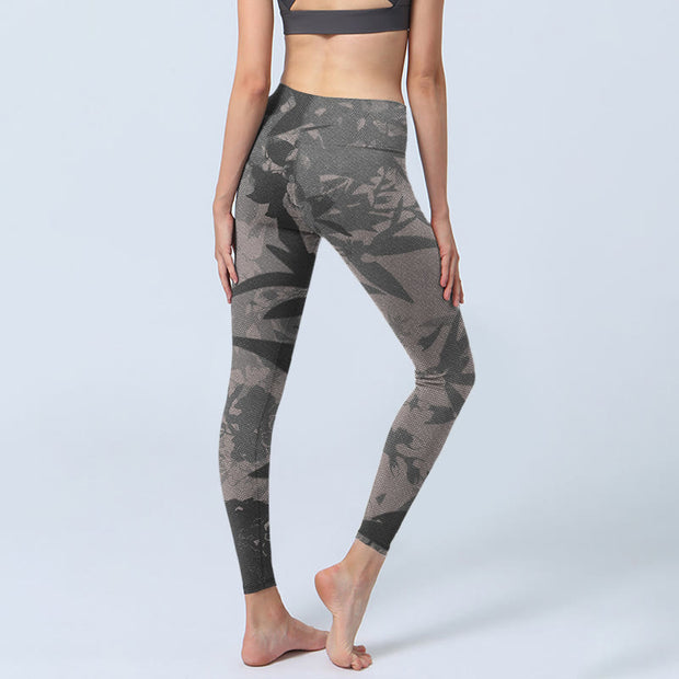 Buddha Stones Gray Leaves Print Gym Leggings Women's Yoga Pants