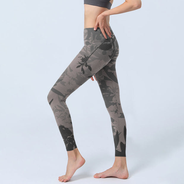 Buddha Stones Gray Leaves Print Gym Leggings Women's Yoga Pants - image 3