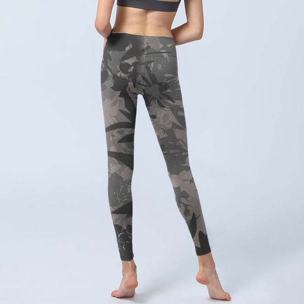 Buddha Stones Gray Leaves Print Gym Leggings Women's Yoga Pants