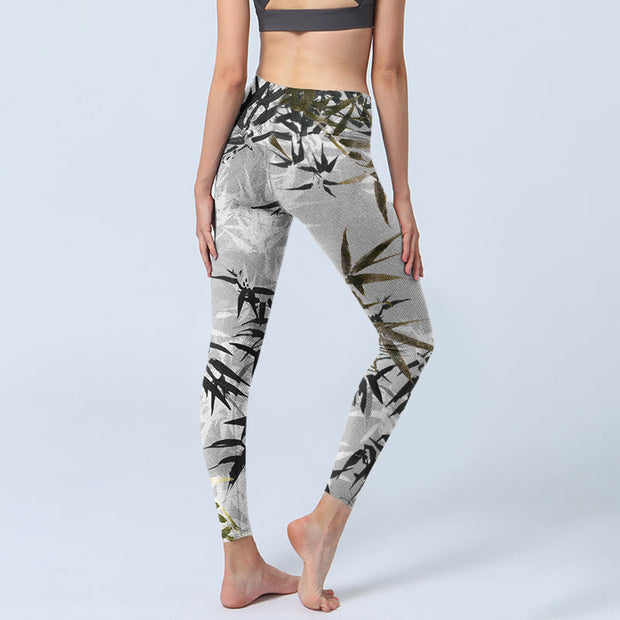 Buddha Stones Dark Gray Bamboo Leaves Print Gym Leggings Women's Yoga Pants - image 5