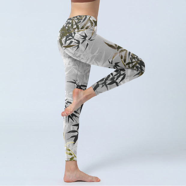 Buddha Stones Dark Gray Bamboo Leaves Print Gym Leggings Women's Yoga Pants - image 4