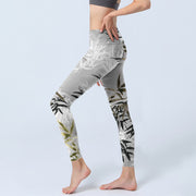 Buddha Stones Dark Gray Bamboo Leaves Print Gym Leggings Women's Yoga Pants