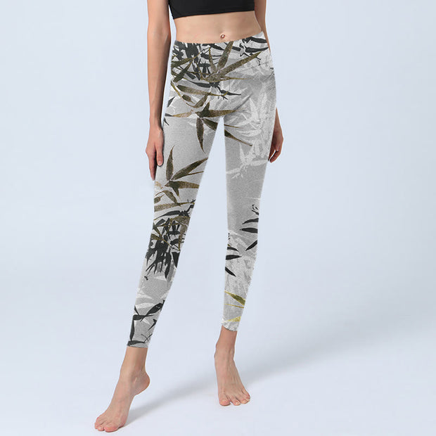 Buddha Stones Dark Gray Bamboo Leaves Print Gym Leggings Women's Yoga Pants - image 6