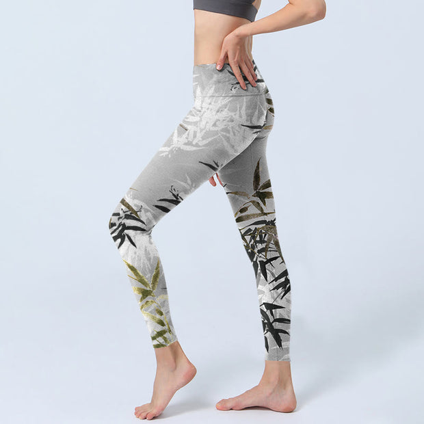 Buddha Stones Dark Gray Bamboo Leaves Print Gym Leggings Women's Yoga Pants - image 3