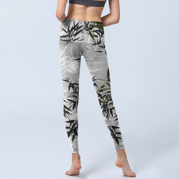 Buddha Stones Dark Gray Bamboo Leaves Print Gym Leggings Women's Yoga Pants - image 7