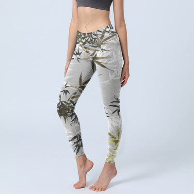 Buddha Stones Dark Gray Bamboo Leaves Print Gym Leggings Women's Yoga Pants