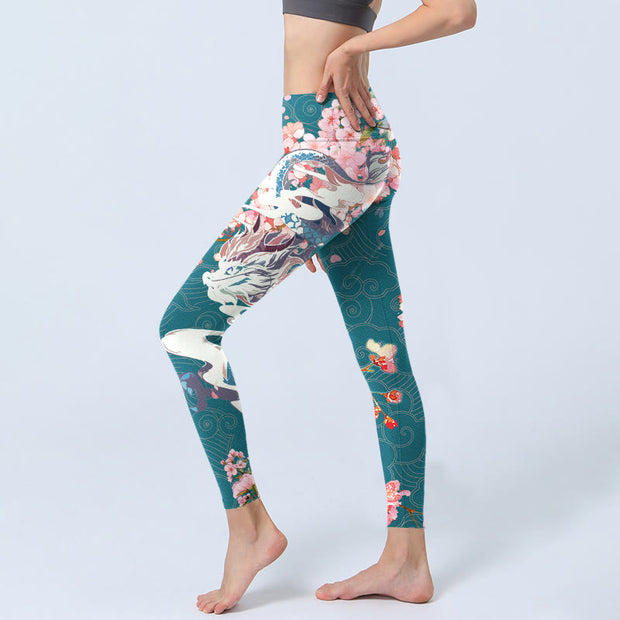 Buddha Stones Dragon Cherry Blossoms Print Gym Leggings Women's Yoga Pants Leggings BS 2