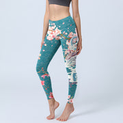 Buddha Stones Dragon Cherry Blossoms Print Gym Leggings Women's Yoga Pants Leggings BS CadetBlue US18，UK/AU22，EU50 (4XL)