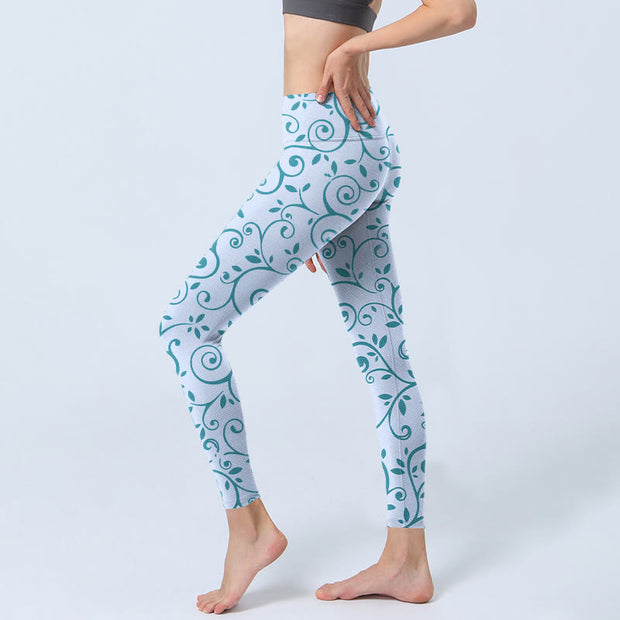 Buddha Stones Blue Vine Leaves Print Gym Leggings Women's Yoga Pants - image 3