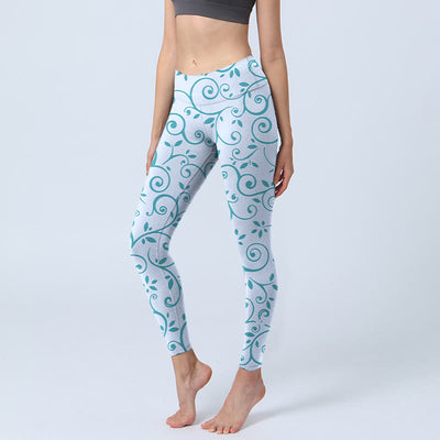 Buddha Stones Blue Vine Leaves Print Gym Leggings Women's Yoga Pants - LightSkyBlue - US18，UK/AU22，EU50 (4XL) - image 1