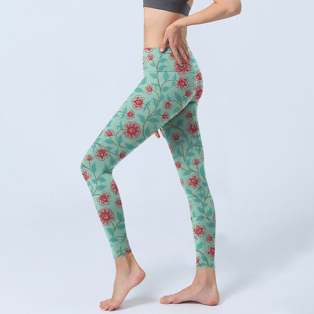 Buddha Stones Vine Leaves Blossom Print Gym Leggings Women's Yoga Pants