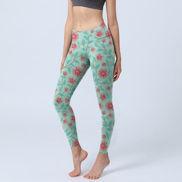 Buddha Stones Vine Leaves Blossom Print Gym Leggings Women's Yoga Pants - MediumAquamarine - US18，UK/AU22，EU50 (4XL) - image 1
