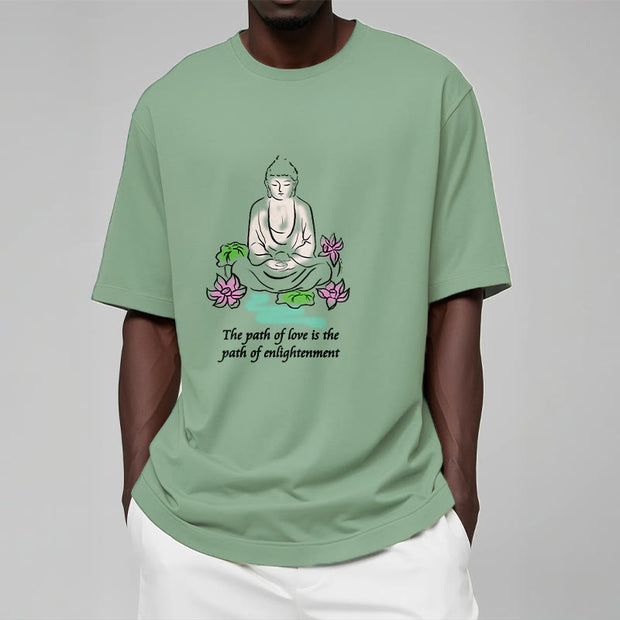 Buddha Stones Meditating Buddha Lotus Flower Leaf Pattern Cotton Tee T-shirt