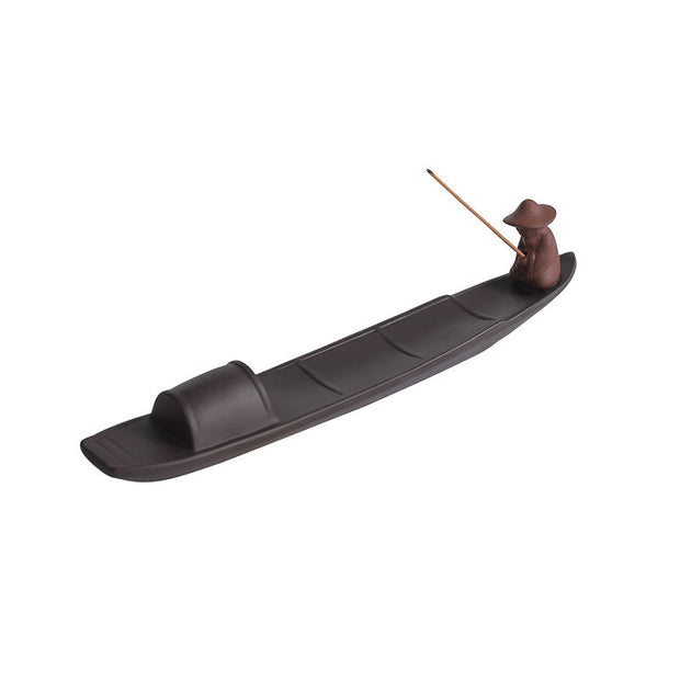 Buddha Stones Fisherman Boat Purple Clay Peace Healing Ceramic Stick Incense Burner Decoration Incense Burner BS 6