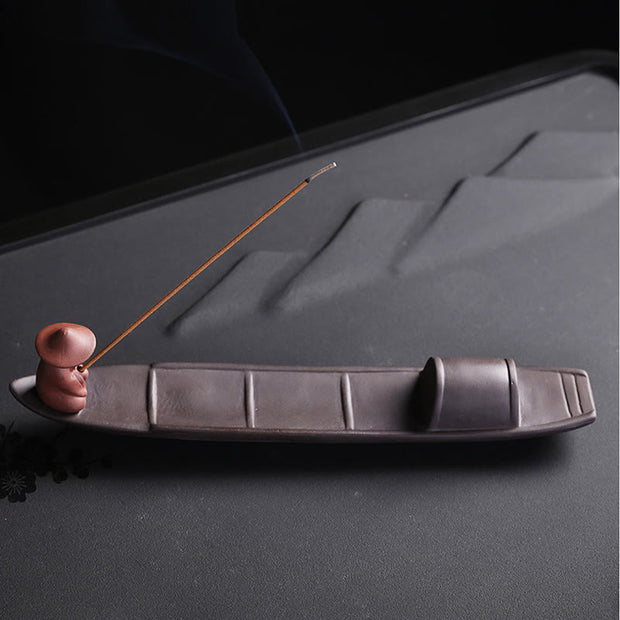 Buddha Stones Fisherman Boat Purple Clay Peace Healing Ceramic Stick Incense Burner Decoration