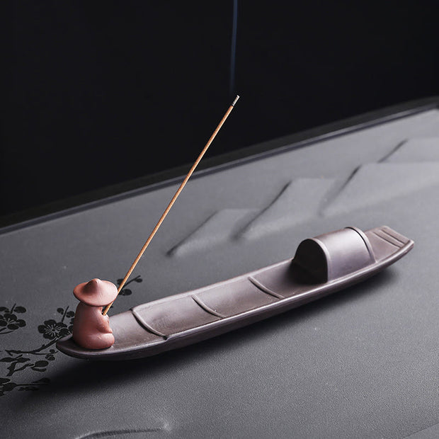 Buddha Stones Fisherman Boat Purple Clay Peace Healing Ceramic Stick Incense Burner Decoration Incense Burner BS 1