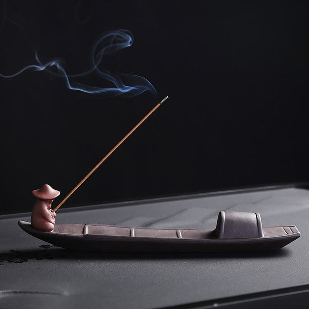 Buddha Stones Fisherman Boat Purple Clay Peace Healing Ceramic Stick Incense Burner Decoration Incense Burner BS 24.4*4*5.4cm