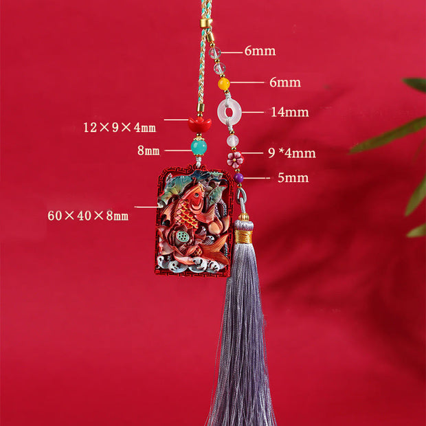 Buddha Stones Natural Cinnabar Koi Fish Lotus Design Blessing Peace Buckle Car Hanging Decoration Car Hanging Decoration BS 14