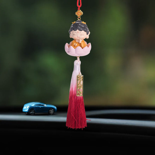 Buddha Stones Lotus Avalokitesvara Buddha Fu Character Wealth Car Hanging Decoration Car Hanging Decoration BS Buddha Tassel 34cm