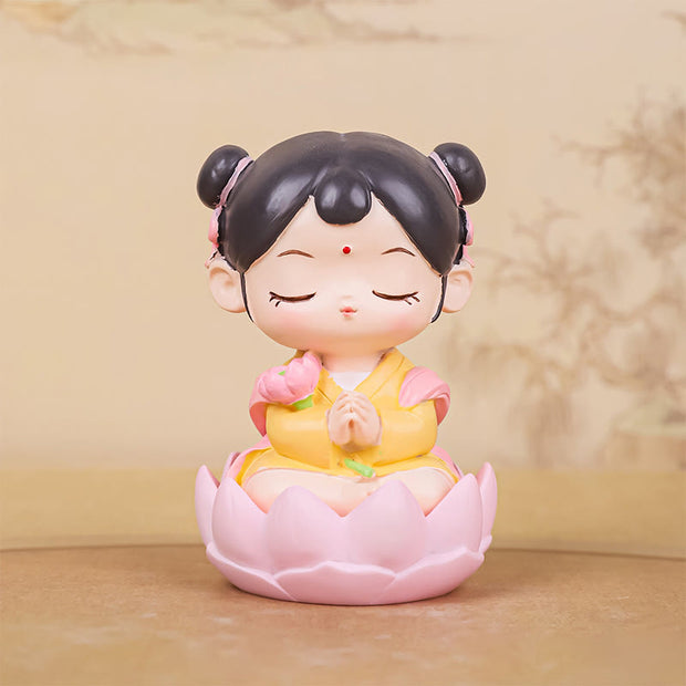 Buddha Stones Meditation Avalokitesvara Lotus Boy Girl Resin Statue Harmony Home Decoration Decorations BS Girl Lotus 4.1*4.1*6.3cm