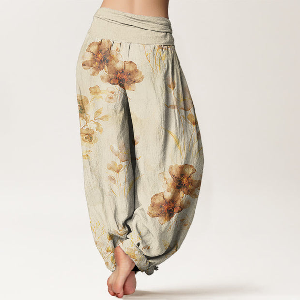 Buddha Stones Blooming Varying Flower Pattern Women's Elastic Waist Harem Pants