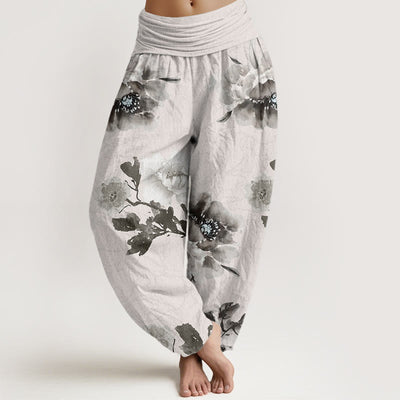 Buddha Stones Folwers With Leaves Pattern Women's Elastic Waist Harem Pants