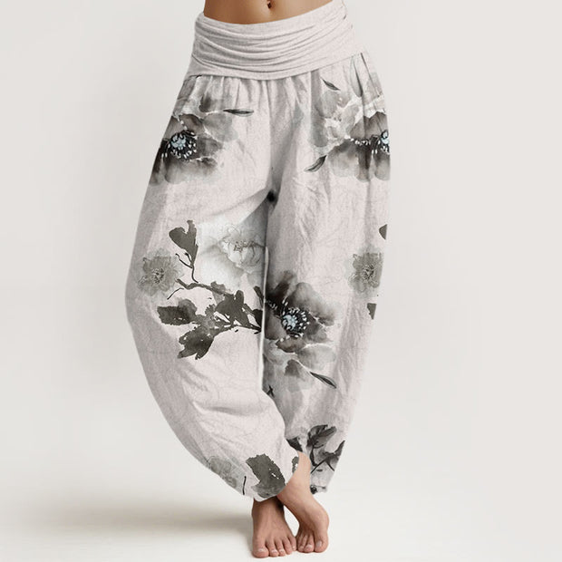 Buddha Stones Folwers With Leaves Pattern Women's Elastic Waist Harem Pants