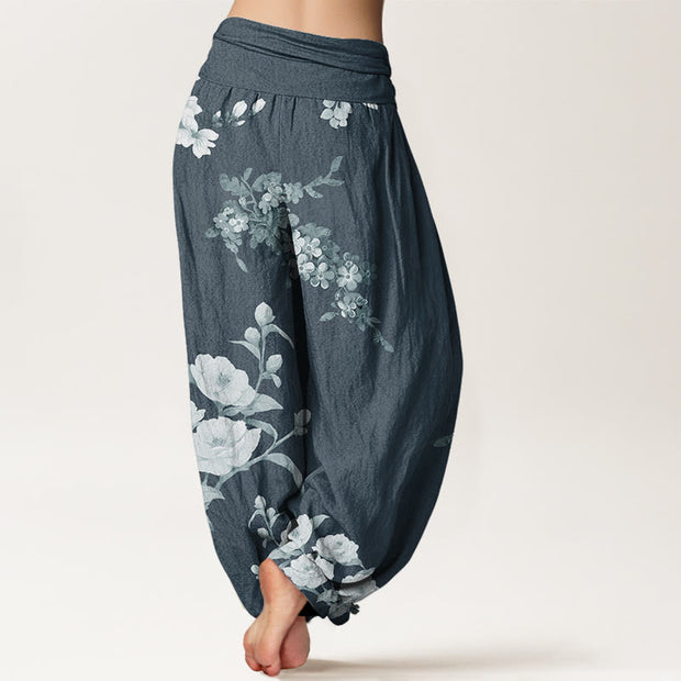 Buddha Stones Blooming And Budding Flowers With Leaves Pattern Women's Elastic Waist Harem Pants