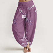 Buddha Stones Blooming And Budding Flowers With Leaves Pattern Women's Elastic Waist Harem Pants