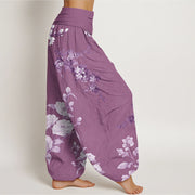 Buddha Stones Blooming And Budding Flowers With Leaves Pattern Women's Elastic Waist Harem Pants