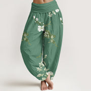 Buddha Stones Blooming And Budding Flowers With Leaves Pattern Women's Elastic Waist Harem Pants