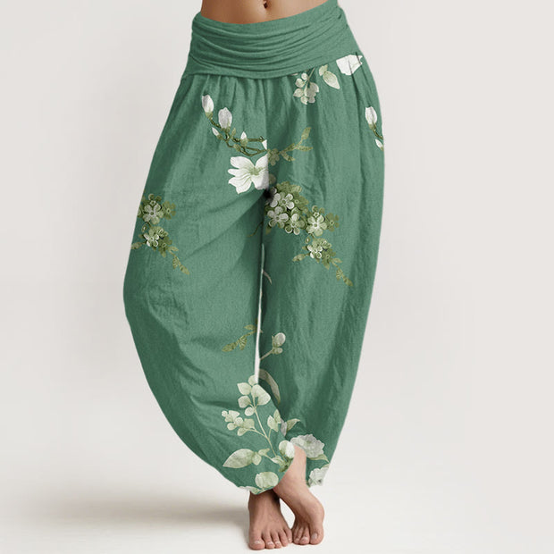 Buddha Stones Blooming And Budding Flowers With Leaves Pattern Women's Elastic Waist Harem Pants