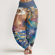 Buddha Stones Vibrant Peacock Auspicious Clouds Pattern Women's Elastic Waist Harem Pants