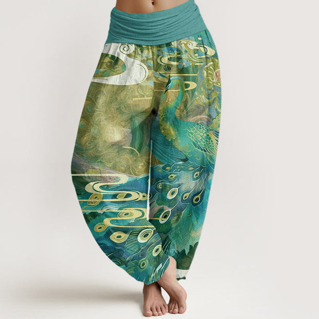 Buddha Stones Vibrant Peacock Auspicious Clouds Pattern Women's Elastic Waist Harem Pants