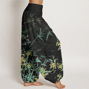 Buddha Stones Blooming Flowers Bamboo Pattern Women's Elastic Waist Harem Pants