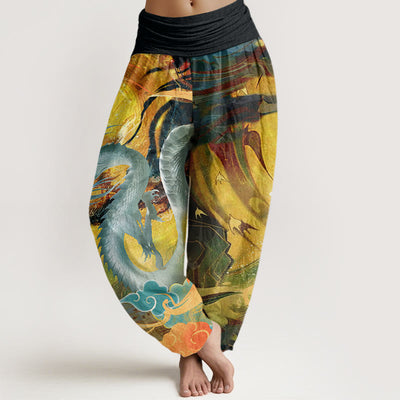 Buddha Stones Dragon Auspicious Clouds Pattern Women's Elastic Waist Harem Pants