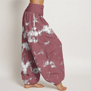 Buddha Stones White Lines Spots Tie-Dye Pattern Women's Elastic Waist Harem Pants