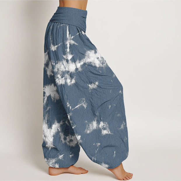 Buddha Stones White Lines Spots Tie-Dye Pattern Women's Elastic Waist Harem Pants