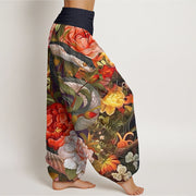 Buddha Stones Snake Peony Flowers Leaf Pattern Women's Elastic Waist Harem Pants