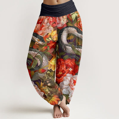 Buddha Stones Snake Peony Flowers Leaf Pattern Women's Elastic Waist Harem Pants