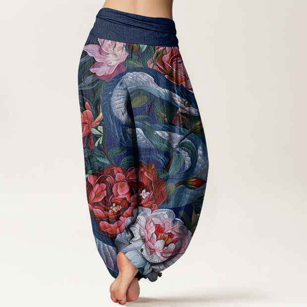 Buddha Stones Snake Peony Flowers Leaf Pattern Women's Elastic Waist Harem Pants