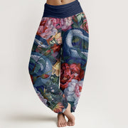 Buddha Stones Snake Peony Flowers Leaf Pattern Women's Elastic Waist Harem Pants