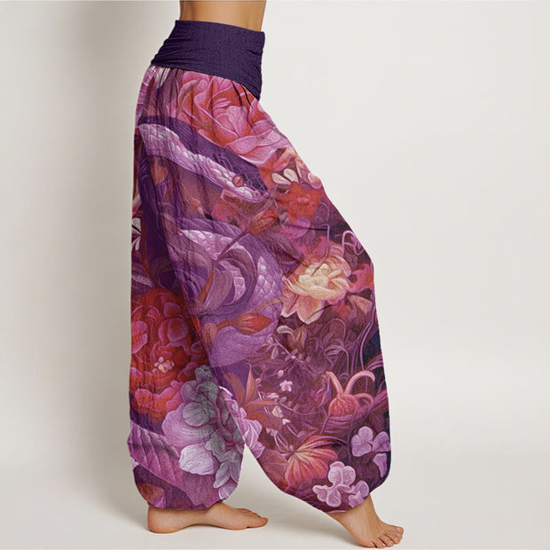 Buddha Stones Snake Peony Flowers Leaf Pattern Women's Elastic Waist Harem Pants