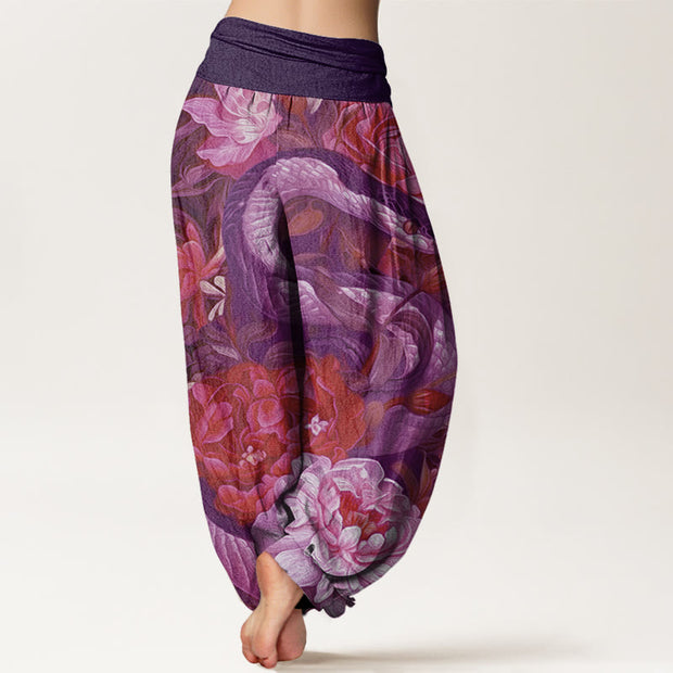 Buddha Stones Snake Peony Flowers Leaf Pattern Women's Elastic Waist Harem Pants