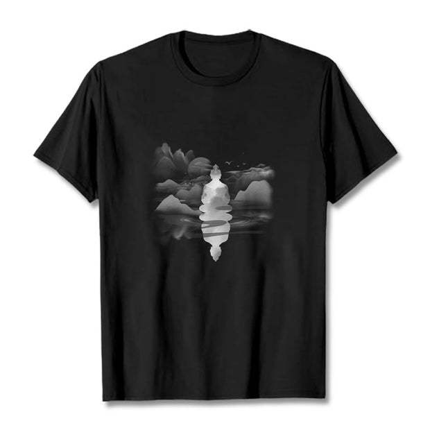 Buddha Stones Meditating Buddha Sitting In Mountains Pattern Cotton Tee T-shirt T-Shirts BS Black 2XL