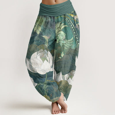 Buddha Stones White Lotus Leaves Pattern Casual Women's Elastic Waist Harem Pants - SeaGreen - US22，UK/AU26，EU54 (6XL) - image 1