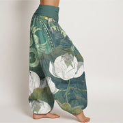 Buddha Stones White Lotus Leaves Pattern Casual Women's Elastic Waist Harem Pants